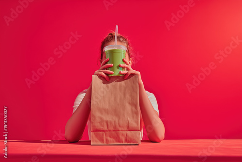 Woman holding eco-friendly smoothie in paper bag against vibrant red background