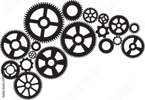 Collection of black gears and cogs on white background