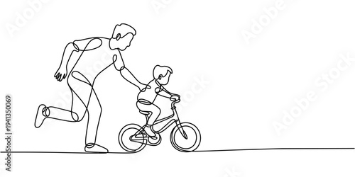 Continuous Line Drawing of a Father Teaching a Child to Ride a Bike. one line Icon drawing with white background