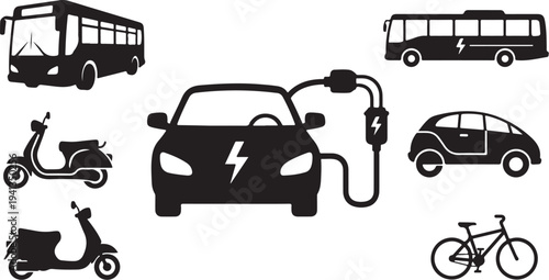Electric vehicles and transportation modes in black silhouette style