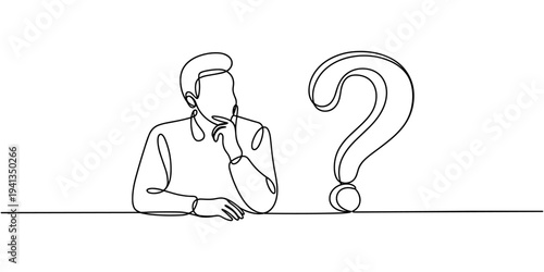 man pondering a question mark on desk continuous one line drawing vector illustration