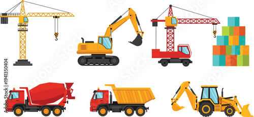 Construction machinery and transport equipment set featuring tower cranes, excavator, concrete mixer truck, dump truck and backhoe loader for engineering projects isolated on white background