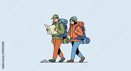 Two Hikers Walking With Backpacks.