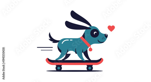 Blue dog riding skateboard with heart.