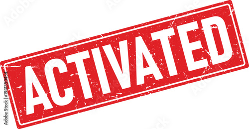 Red Activated Text on Distressed Rectangular Rubber Stamp Impression Isolated on White