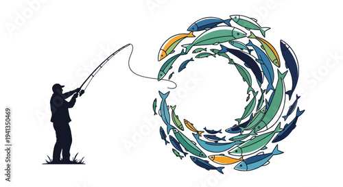 Man fishing with colorful fish circle.