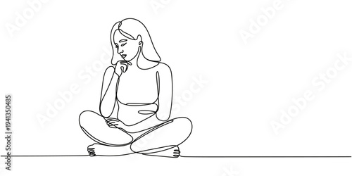 Continuous Line Drawing of a Pensive woman Sitting on the floor.