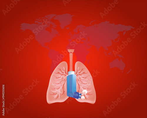 Red background illustration of human lungs with cigarette butt and smoke, global no smoking and lung cancer awareness concept with world map silhouette