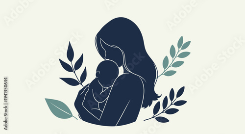 Mother Holding Baby with Leaves Surrounding.