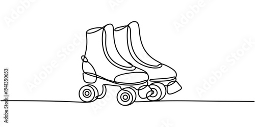 One single line drawing of pair of old retro plastic quad roller skate shoes. Vintage classic extreme sport concept continuous line draw design vector graphic illustration