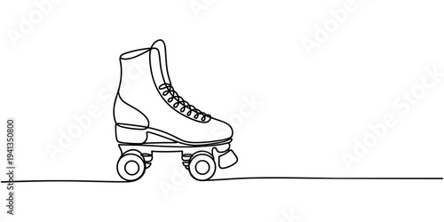 One single line drawing of pair of old retro plastic quad roller skate shoes. Vintage classic extreme sport concept continuous line draw design vector graphic illustration