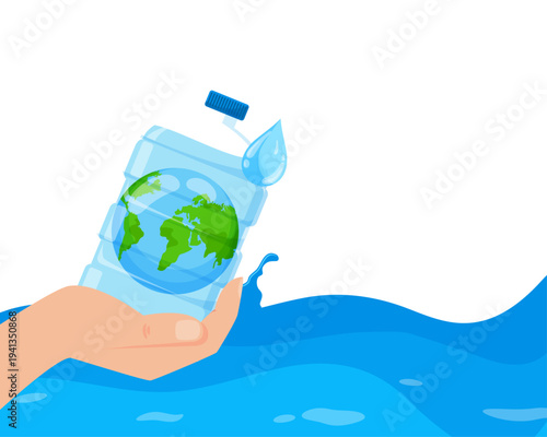 Hand holding plastic water bottle with Earth inside and water drop, ocean wave base, hydration and water conservation or pollution concept illustration