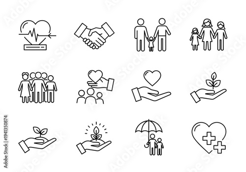 Charity Helping Hands Line Icons – Love, Kindness, Donation and Community Support Outline Vector Set