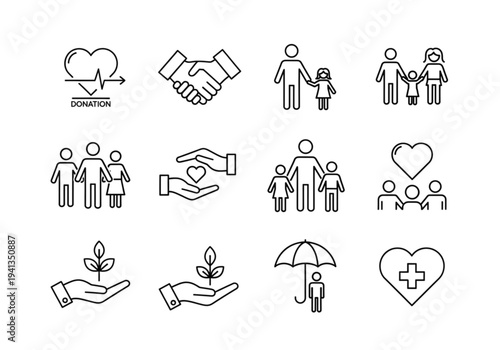 Charity Helping Hands Line Icons – Love, Kindness, Donation and Community Support Outline Vector Set