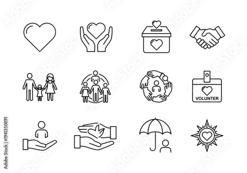 Charity Helping Hands Line Icons – Love, Kindness, Donation and Community Support Outline Vector Set