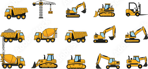 Construction machinery icon collection including excavator, bulldozer, dump truck, concrete mixer, tower crane and forklift for engineering and building industry isolated on white background