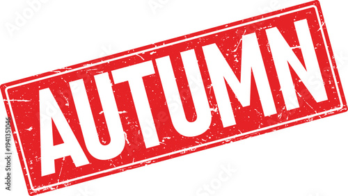 Autumn Word in Distressed Red Rectangular Rubber Stamp Design, Isolated on White