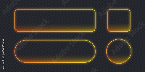 Gold button frame with oval, square and rectangle shapes isolated on black bg, Glow yellow orange gradient for casino or mobile games. Neon pill mockup for online shop, outline call action banner.	