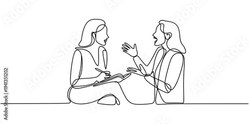 Continuous line drawing of two women, one writing notes while the other gestures and speaks, representing a consultation, interview, or discussion.