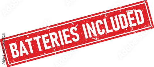 Red Distressed Batteries Included Text on Rectangle Rubber Stamp Impression Design