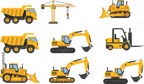Construction machinery icon set featuring excavators, bulldozers, dump trucks, tower crane and forklift for engineering, mining and building industry isolated on white background