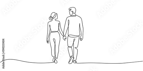 Continuous single line drawing of a couple holding hands and walking, Continuous one line drawing of young Couple Walking Together. Single line drawing illustration of romantic back view couple.