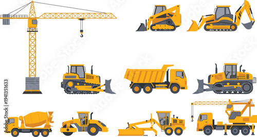 Construction machinery vector collection featuring tower crane, excavator, bulldozer, dump truck, road roller and concrete mixer for engineering and building industry isolated on white background