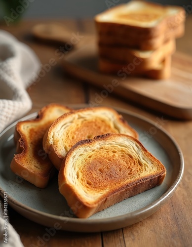 Golden brown toast slices served on ceramic plate. Stack of baked bread rests on wooden cutting board. Morning meal preparation with simple, fresh ingredients.