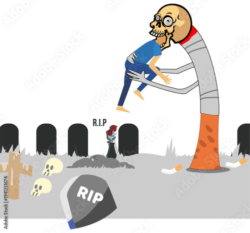 Cartoon graveyard scene showing a cigarette character as death grabbing a smoker, anti smoking concept with tombstones and RIP text, stop smoking awareness illustration