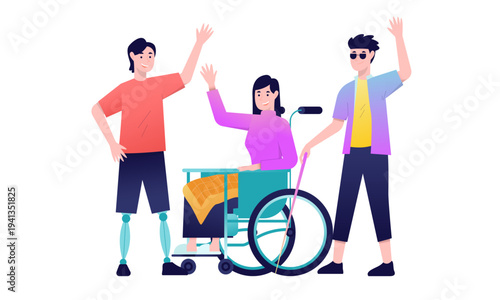Inclusion and disability support illustration with woman in wheelchair waving beside friends, diverse people standing together, accessibility and equality concept