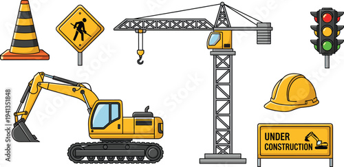 Construction safety and roadwork equipment set featuring excavator, tower crane, warning signs, traffic light and safety helmet for building site isolated on white background