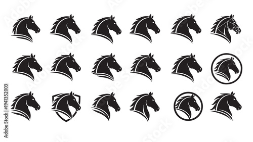 Horse head icon set with diverse modern stylistic variations for branding and emblems featuring silhouette, black and white, equestrian with sport
