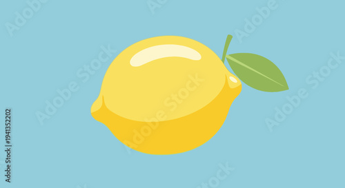 Vibrant yellow lemon with green leaf on a light blue background