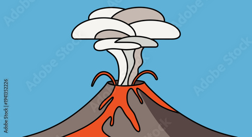 Volcanic eruption illustration showing smoke and lava against a blue backdrop