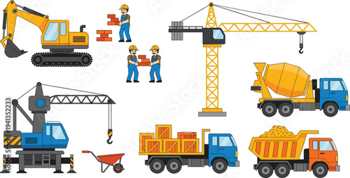 Construction site equipment and workers set featuring excavator, tower crane, concrete mixer truck, dump truck and builders carrying bricks isolated on white background
