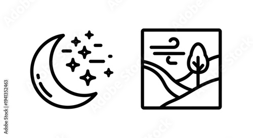 Crescent moon and stars icon and windy landscape icon