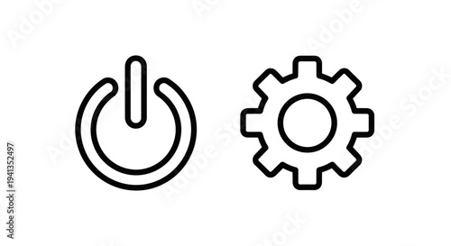 Outline icons for power button and gear on white background, technology and settings concept