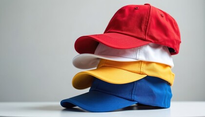 Stack of blank baseball caps in red white yellow and blue colors. These caps are positioned on a white surface. Ready for custom prints logos or designs. Versatile headwear options.