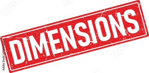 Distressed Red Ink Stamp Featuring DIMENSIONS Text on Isolated White Background