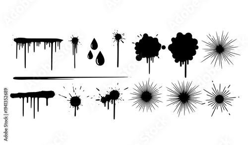 Minimal black spray paint drip and splatter vector collection street art style isolated on white