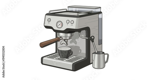 Vector illustration of modern home espresso machine with portafilter and milk pitcher