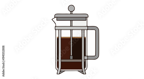 Vector illustration of French press coffee maker with brewed coffee