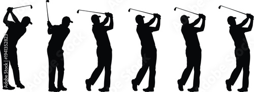 Golfer swing sequence silhouette showing full golf swing stages from backswing to follow through isolated on white sports motion study professional golf training concept