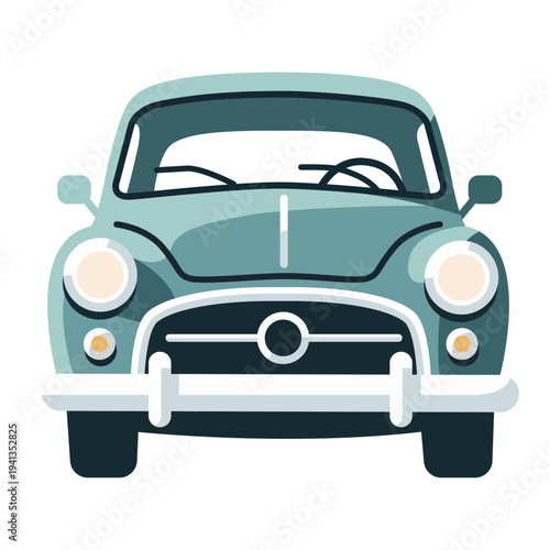 Front view of teal blue vintage retro car with chrome bumper and round headlights