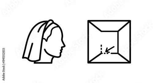 Abstract icons: veiled head profile and 3D room perspective with arrow with line art with white background with user interface with web design with app icon