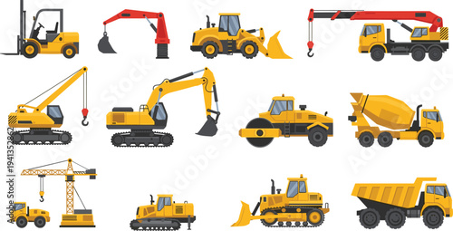 Heavy construction machinery collection featuring excavator, bulldozer, crane, forklift, road roller and dump truck for engineering, mining and building industry isolated on white background