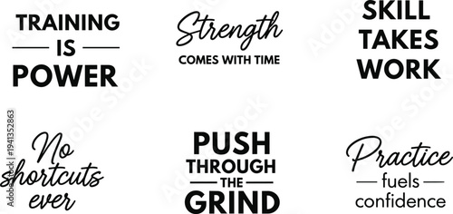 Set of six motivational typography quotes about hard work, practice, strength, and perseverance, designed for gym posters, fitness apparel, and inspirational social media graphic content.
