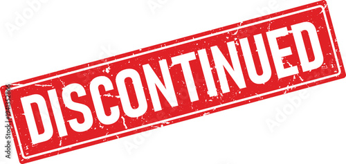 Rectangular Red Distressed Rubber Stamp with Discontinued Text on White Background