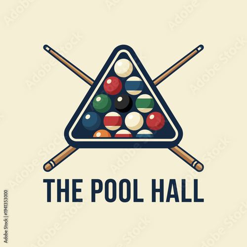 A playful logo design for The Pool Hall showcasing a triangular rack of colorful billiard balls intersected by cue sticks, evoking nostalgia and camaraderie in gaming.