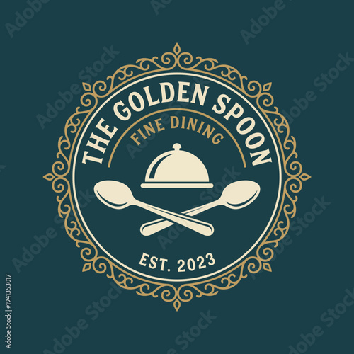An elegant logo design for The Golden Spoon restaurant, featuring a stylized cloche and cutlery, representing the refinement and sophistication of fine dining.